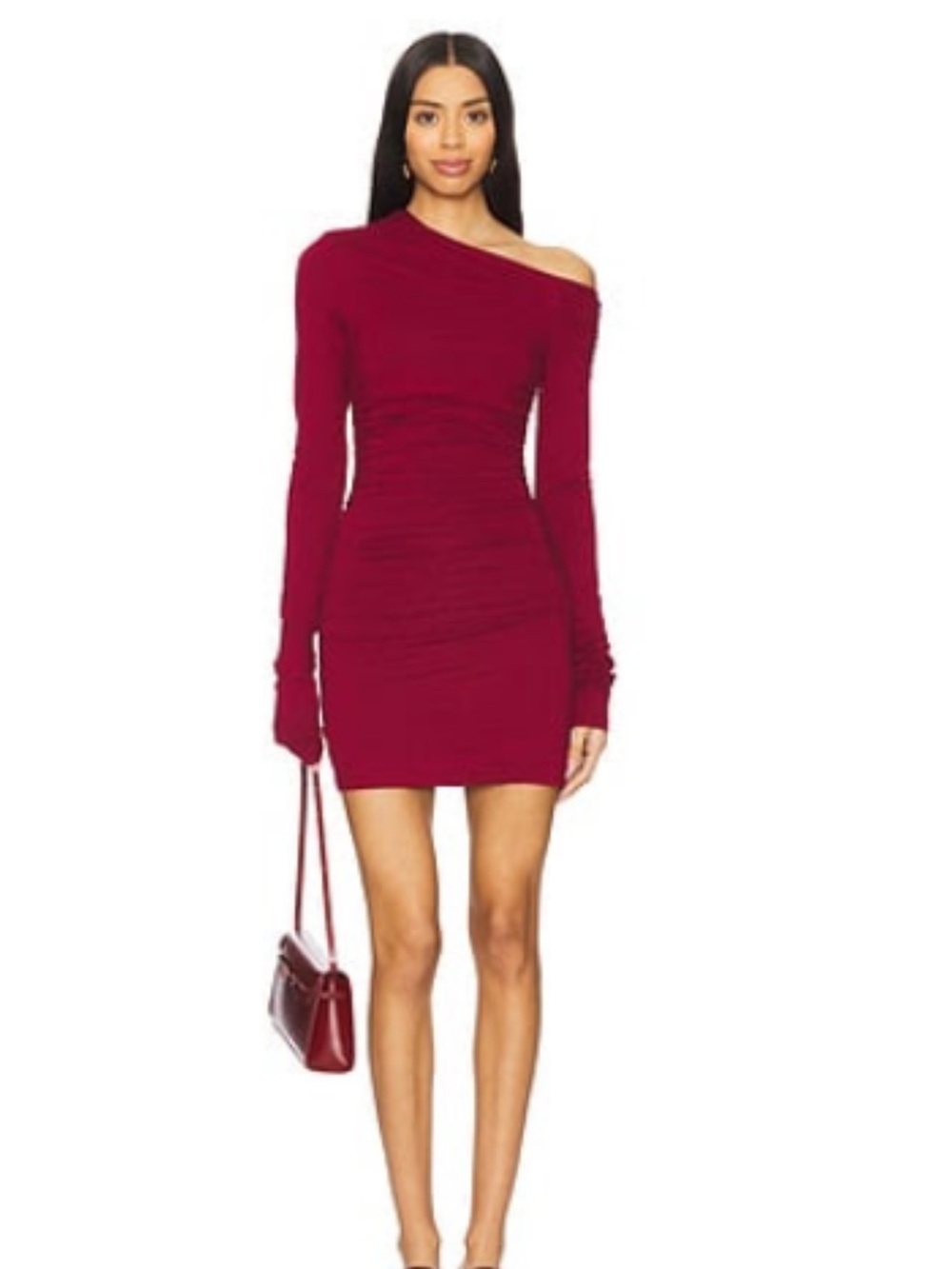 Bianca Mini Dress in Oxblood -Shoulder Long-Sleeve Ruched Mini Dress